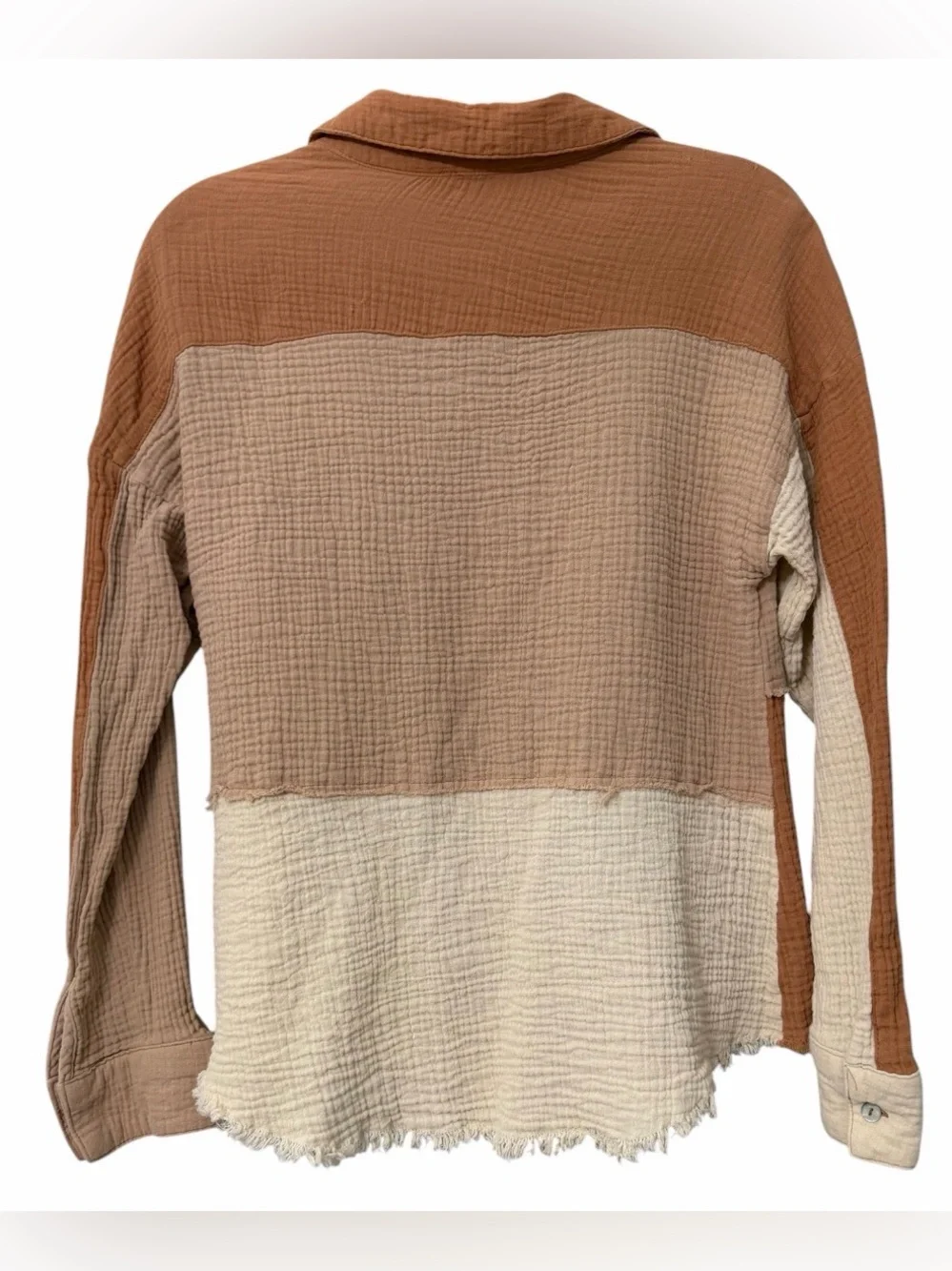 New In Color Block Cotton Gauze Button Front Shirt | Boho Raw Hem | Western - Picture 3 of 7